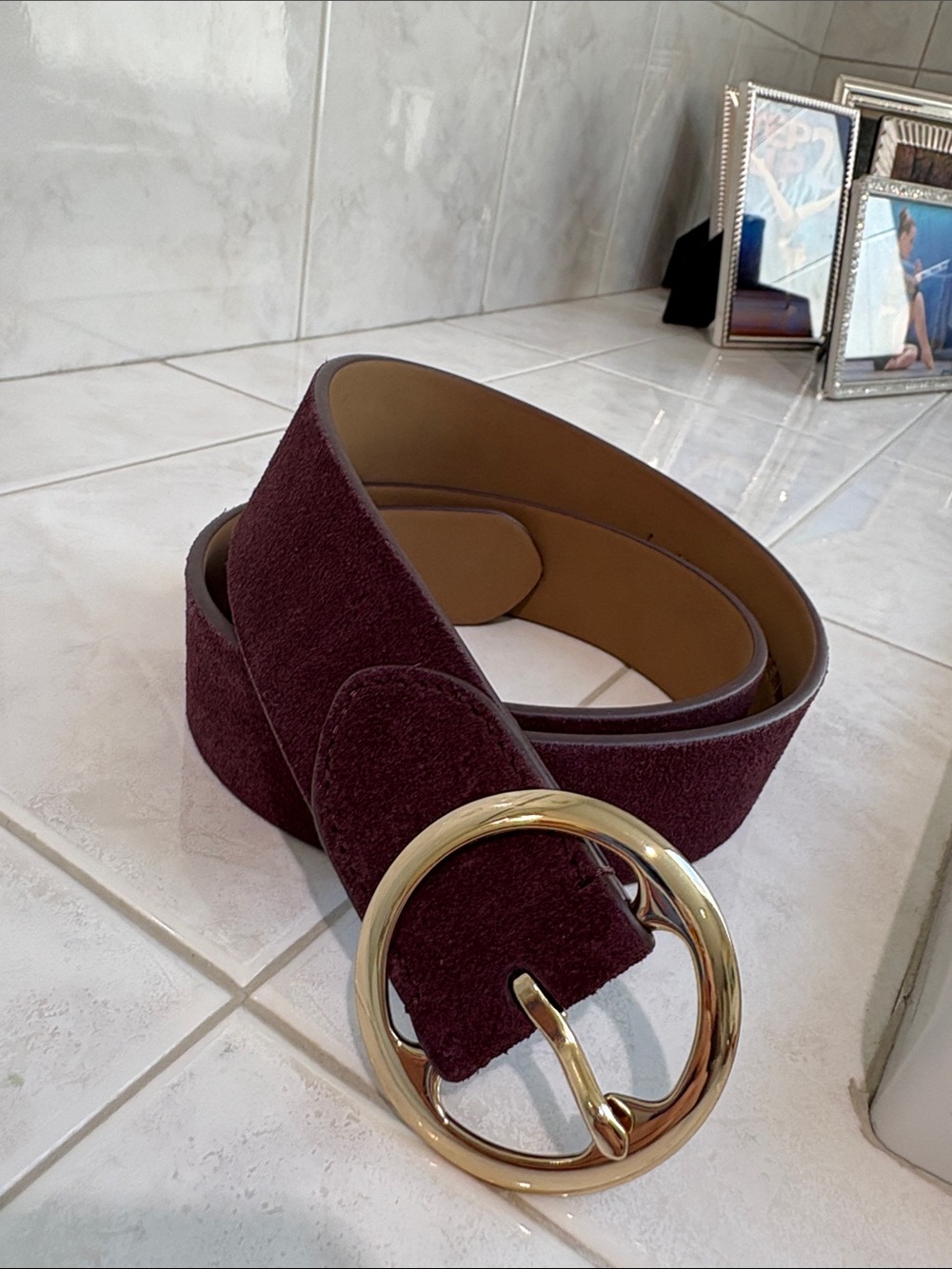 Ann Taylor Fabulous Burgundy Suede Wide Belt with Gold Buckle